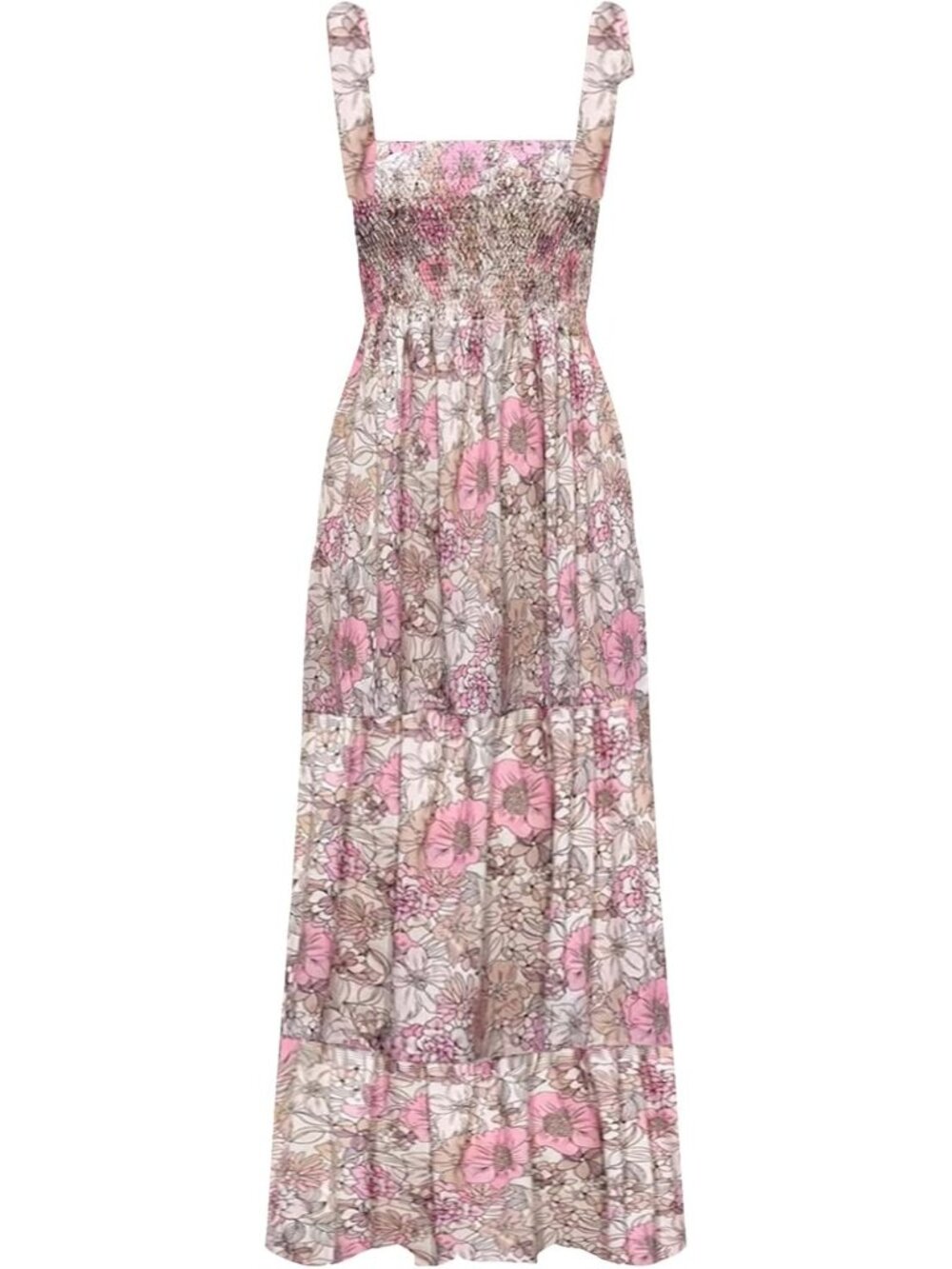 Women's Pink Floral Sleeveless Square Neck Ruffle Casual Imported Maxi Dress